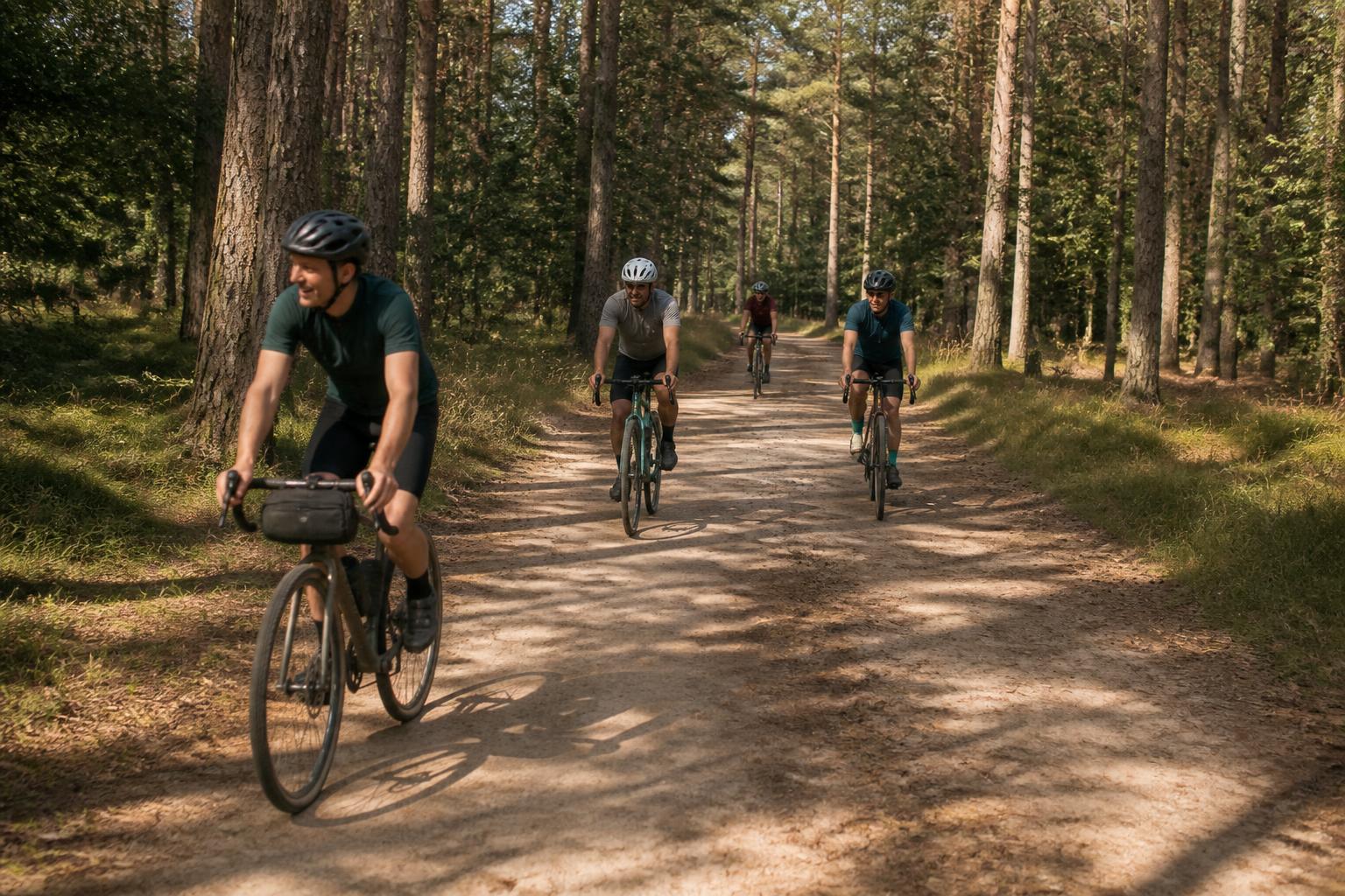 Groepje fietsers samen op een zandpad